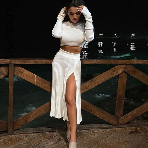 Cryptographic Solid Sexy Sweater Cropped Top Midi Skirt Two Piece Set Women Matching Set Outfits Button Up Split Skirts Winter ► Photo 1/6