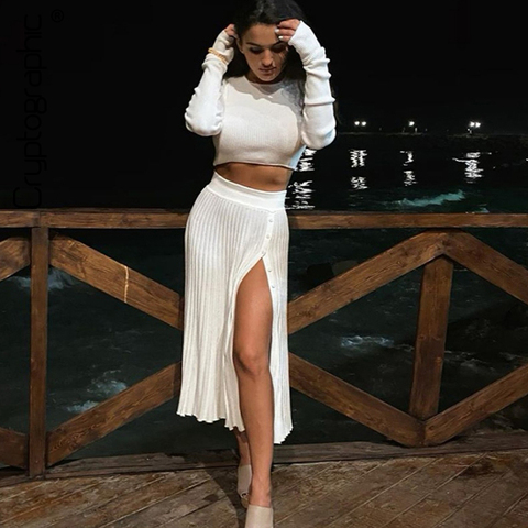 Two Piece Midi Skirt Outfits Women  White Two Piece Set Skirt Top -  Women's Solid - Aliexpress