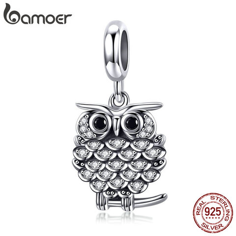 BAMOER Authentic 925 Sterling Silver Crystal Owl Lovely Animal shape Beads Charm fit Bracelet & Bangles Jewelry Making SCC949 ► Photo 1/6