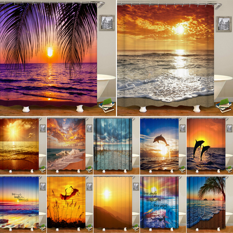 Sunlight Ocean Beach Fabric Shower Curtain Bathroom Curtains Sunset Dusk Sea Animal Dolphin Bath Screen with 12 Hooks ► Photo 1/6