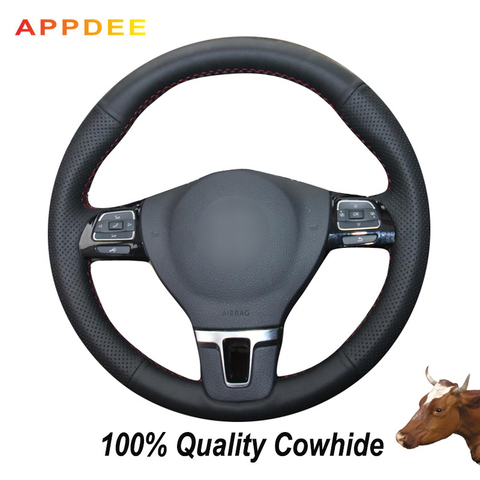 APPDEE Black Genuine Leather Steering Wheel Cover for Volkswagen VW Golf Tiguan Passat B7 CC Touran Magotan Sagitar ► Photo 1/6