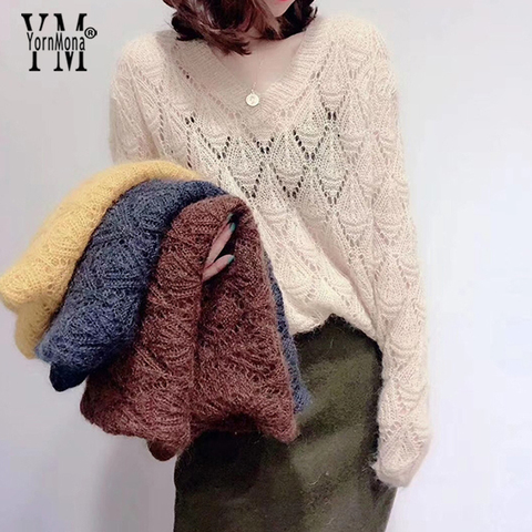 YornMona Ins Fashion Hollow Out Mohair Sweaters 2022 Early Autumn V-neck Knitted Pullover Tops Streetwear Elegant Ladies Sweater ► Photo 1/6