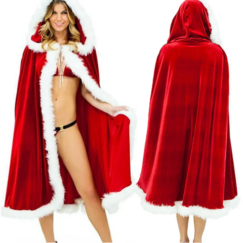 4Size Red Velvet Hooded Cape Cloak Sexy Santa Cosplay Christmas Costumes Women Carnival Party Clubwear Winter Warm Overcoat ► Photo 1/6