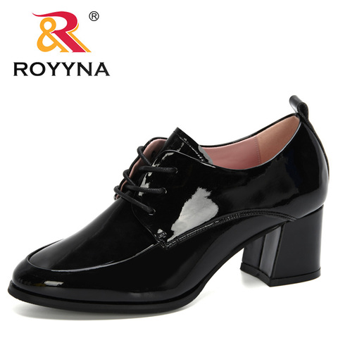 ROYYNA 2022 New Arrival Patent Leather Lace Up Pumps Square Heel Round Toe High Heel Shoes British Style Low Top Women Shoes ► Photo 1/6