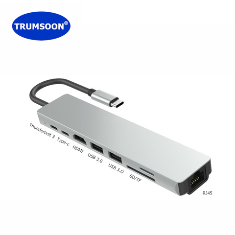 Trumsoon Type-c to HDMI Network RJ45 Lan USB C 3.0 SD TF Card Reader Adapter for MacBook Samsung Dex Huawei P40 Projector TV ► Photo 1/6