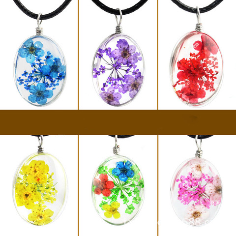 Handmade Transparent Glass Ellipse Pendant Necklace Dried Flower Permanent Preservation Women Jewelry Fashion Wax Rope Necklace ► Photo 1/6