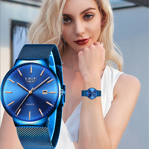 LIGE Womens Watches Top Brand luxury Analog Quartz Watch Women Full Blue Mesh Stainless Steel Date Clock Fashion Ultra-thin Dial ► Photo 1/6