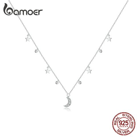 bamoer Authentic 925 Sterling Silver White Moon & Star Pendant Necklace for Women Chain Link Necklaces Silver 925 Jewelry SCN420 ► Photo 1/6
