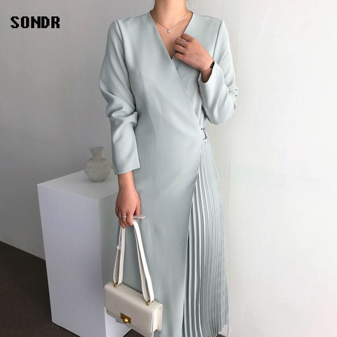 Woman Dress One-Piece Korean Dress V-Neck Long-Sleeved Pleated Dress 2022 Autumn Elegant Office Lady Concise Dress Long Dresses ► Photo 1/6