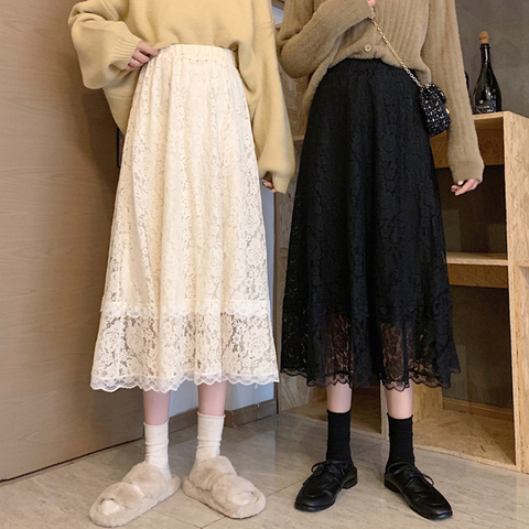 Black White Lace Midi Skirt Women Fashion 2022 Spring winter Korean Cute Elegant Office A-line Skirt Female Lady ► Photo 1/6