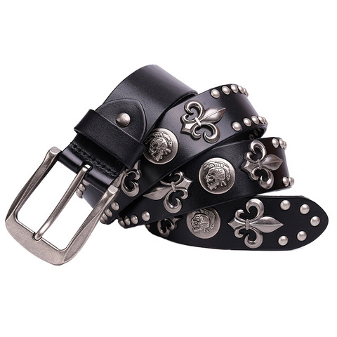 Metal Rivet Cowboy Belt Genuine Leather Cowskin Men Belt Punk Rivet Jeans Belts For Men Ceinture Homme Cinturones Hombre ► Photo 1/6