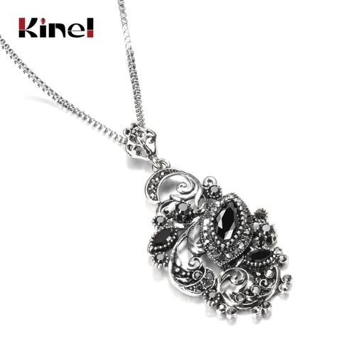 Kinel Charm Black Stone Crystal Flower Necklace For Women Tibetan Silver Resin Long Pendant Necklace Vintage Jewelry Wholesale ► Photo 1/6