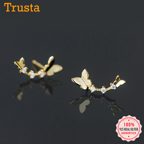 Trustdavis Real 925 Sterling Silver Sweet Gold Insect Butterfly CZ Stud Earrings For Women Wedding Party Fine Jewelry DA1712 ► Photo 1/6