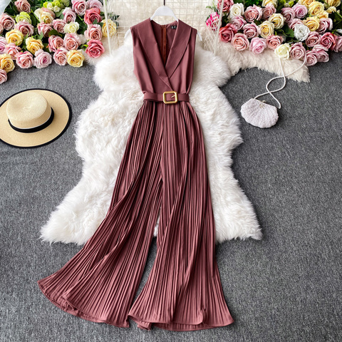 Vintage Notched Collar Draped Rompers For Women Casual Sleeveless High Waist Wide Leg Playsuits Female Beige/Green Jumpsuit 2022 ► Photo 1/6
