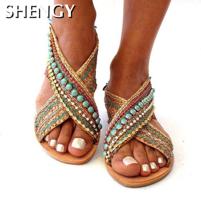 Summer Women Boho Bohemian Beach Ethnic Flat Ankle Strap Sandals Shoes Plus Size