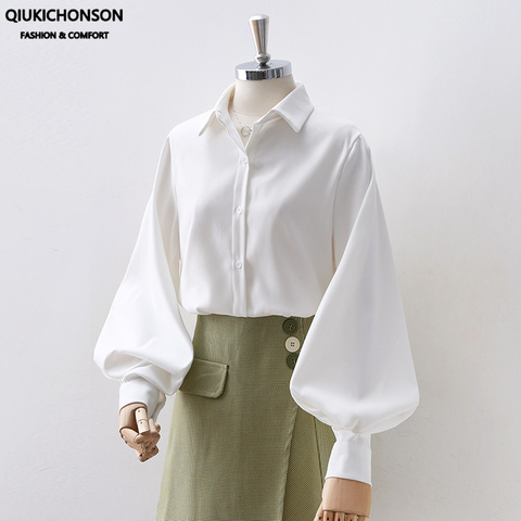 Big Lantern Sleeve Blouse Single Breasted Stand Collar Shirts Blouse Solid