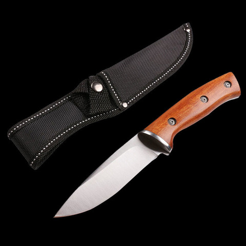 Mengoing OUTDOOR HUNTING COMBAT 440C Stainless Steel Fixed Blade Knife Natural Wood Handle High Density Nylon Sheath ► Photo 1/6