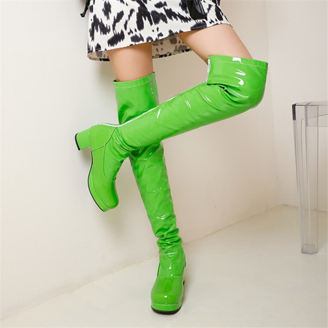 PXELENA 7 Candy Color Women Thigh High Boots Patent Leather Med Heels Riding Over The Knee Boots 34-45 Purple Green Red Yellow ► Photo 1/1