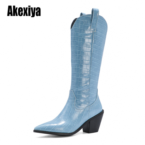 Black blue White Knee High Boots Western Cowboy Boots for Women Long Winter Boots Pointed Toe Cowgirl wedges Motorcycle Boots ► Photo 1/6