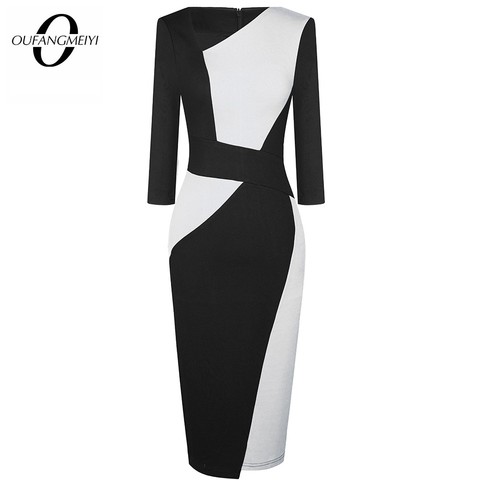 Vintage Women Patchwork Asymmetrical Collar Elegant Casual Work Office Sheath Slim Dress EB517 ► Photo 1/6