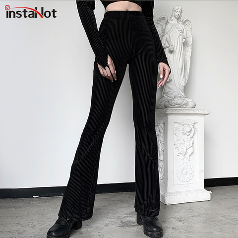 InstaHot Black Velvet Stripe Flare Pants High Waist Elastic 5%Spandex Legging Casual Trouser Autumn Elegant Pants Women Capris ► Photo 1/6