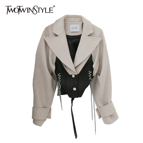 TWOTWINSTYLE Patchwork Lace Up Bowknot Jacket For Women Lapel Long Sleeve Short Tops Female Fashion New Clothing 2022 Autumn ► Photo 1/6