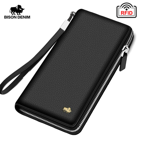 BISON DENIM Brand Genuine Leather Wallet RFID Blocking Clutch Bag Wallet Card Holder Coin Purse Zipper Male Long Wallets N8195 ► Photo 1/6