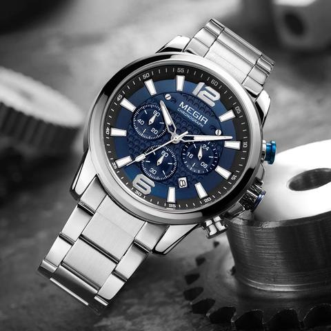 MEGIR Men's Quartz Wrist Watch Men Stainless Steel Band Chronograph Mens Watches Luminous Waterproof Men Quartz Wristwatches ► Photo 1/6