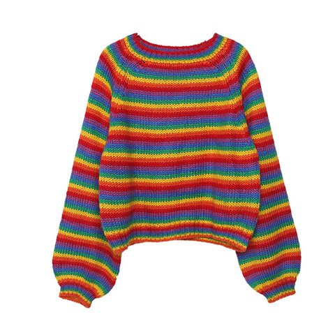 Korean Rainbow Knitted Sweater Women Fashion Sweet Rainbow Stripe Loose Long Sleeve Sweater Autumn Tops Pullovers ► Photo 1/5