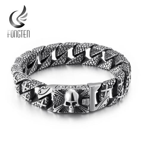 Fongten Vintage Skull Skeleton Face Men Bracelet Stainless Steel Cross Punk Cool Boy Fashion Armband Male Fashion Jewelry ► Photo 1/1