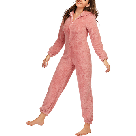 2022 Women's Plush Romper Winter Pajamas One sies Long-Sleeve Zipper Hooded Hat Warm mujer Clothes Fleece Sleepwear New ► Photo 1/5