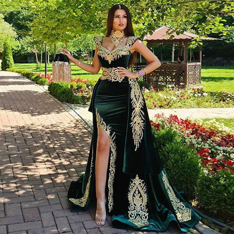 Eightale Arabic Evening Dress with Detachable Skirt Two Pieces Green Morocco Kaftan Mermaid High Neck Velvet Prom Party Gown ► Photo 1/6