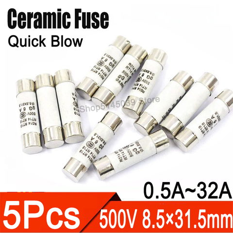 5Pcs/lot 8.5*31.5mm Quick Blow Ceramic Fuse Tube 500V 500MA 1A 2A 3A 4A 5A 6A 8A 10A 16A 20A 25A 32A Fuse ceramic RO14 500V 1A ► Photo 1/4