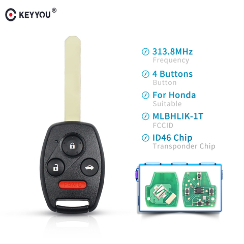 KEYYOU 3+1 4Buttons Remote Key Fob For Honda Accord Crosstour CRV Fit MLBHLIK-1T 2007-2013 313.8MHz With ID46 Chip Smart Car Key ► Photo 1/5