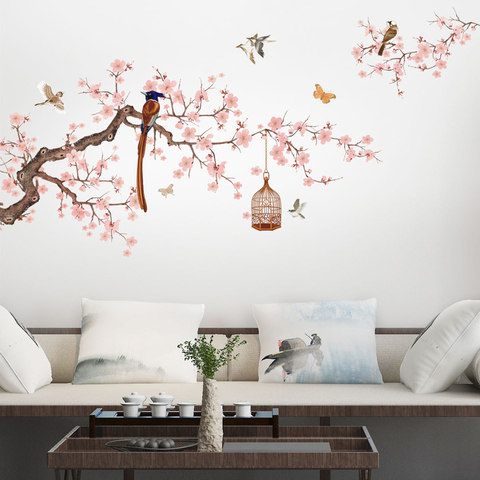 Chinese style flower bird illustration wall sticker Living room sofa background decor Decals wallpaper home decoration stickers ► Photo 1/6