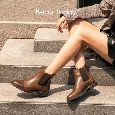 BeauToday Chelsea Boots Women Genuine Cow Leather Half Brogues Round Toe Elastic Band Ladies Ankle Boots Handmade 03638 ► Photo 1/6