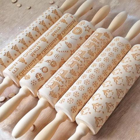 Christmas Rolling Pin Laser Wooden Christmas Embossing Rolling Pin Dough Stick Baking Pastry Tool New Year Christmas Decoration ► Photo 1/6