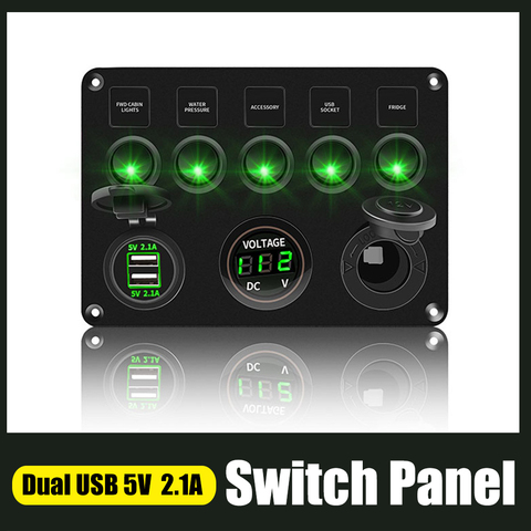 Car Boat 5 Gang Switch Panel For Boat Yacht Caravan Truck Waterproof Voltmeter Power Dual USB Socket Panel 12-24V LED Backlit ► Photo 1/6