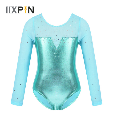 Gymnastics Leotard Girls One-Piece Sparkle dance costume Kids Tulle Long Sleeve Sparkly Rhinestone Metallic Ballet Dance leotard ► Photo 1/6