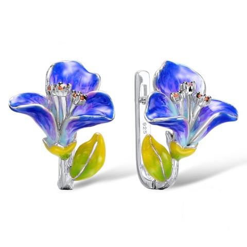 New Arrival Blooming Flower Wedding Silver Drop Earrings for Women Blue Morning Glory Enamel Temperament Bridal Party Earrings ► Photo 1/3