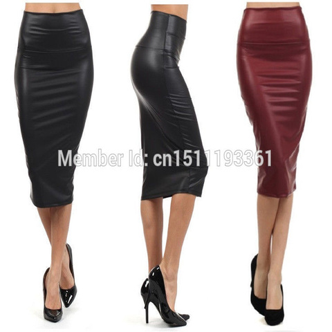 FreeShipping Women Office High-Waist Faux Leather Pencil Black Sexy Elastic Below Knee Skirt 10 Colors XS/S/M/L/XL ► Photo 1/6