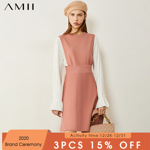 Amii Minimalism Autumn Women's Dress Fashion French Style Oneck Patchwork High Waist Knee-length Dresses For Women  12030479 ► Photo 1/5