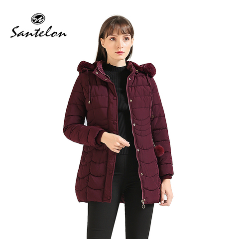 SANTELON 2022 Women's Winter Plus Size Padded Jacket With Fur Hood Parka Lady Long Slim Coat Memory Cotton Warm Clothing S20007 ► Photo 1/5