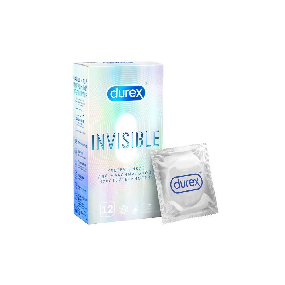 Condoms Durex invisible (ultra-thin), 12 PCs. Condom Condoms with relieve with tendrils with spikes Contraceptives condom polyurethane adult latex Intimate goods for sex ► Photo 1/5