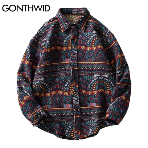 GONTHWID Knitted Shirts Harajuku Geometry Nation Style Flowers Button Shirt Streetwear Hip Hop Casual Long Sleeve Tops Coats ► Photo 1/6