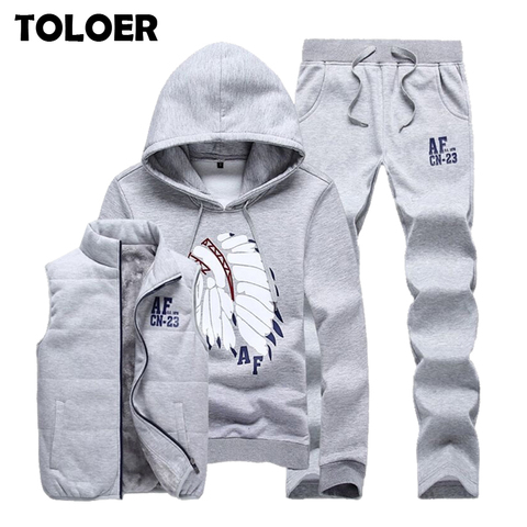 Men Sweatshirt Suit Winter Warm Sportswear SweatPants Mens 3 Pieces Hoodie+SweatPants +Vest Thick Fashion Sport Sweatshirts Coat ► Photo 1/6