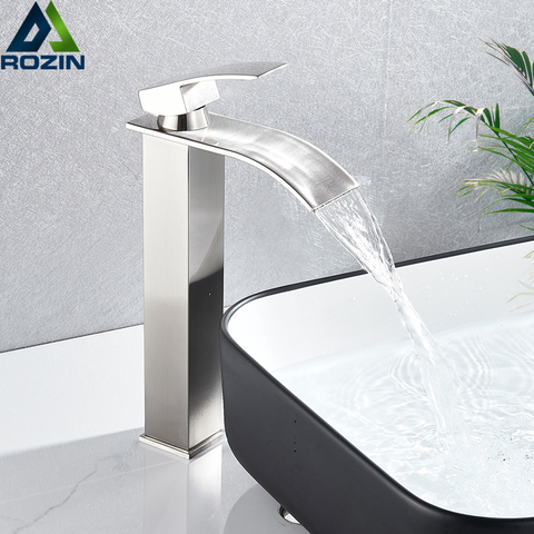 Brushed Nickel Waterfall Basin Faucet Single Lever Bathroom Vessel Sink Tap Deck Mounted Brass Lavatory sink Mixer Basin Tap ► Photo 1/6