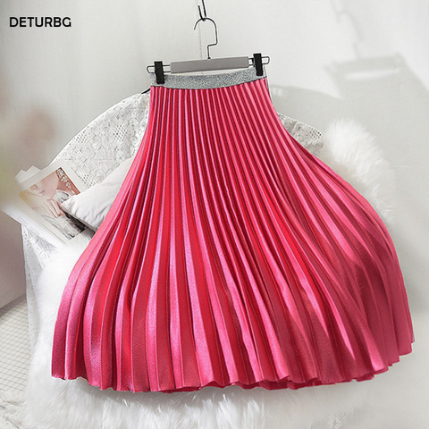 Women's Fashion Pleated Metallic Midi Skirt Female Korean Streetwear High Waist Velour Pink Chic Skirts Saias 2022 Autumn SK285 ► Photo 1/6