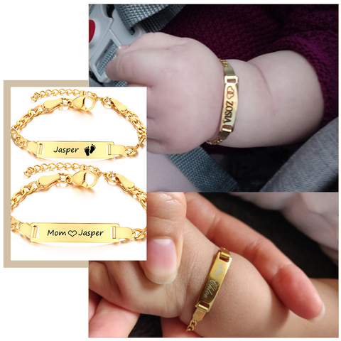 Personalize Engrave Mom Baby Name Birthday Date Bracelet Figaro Link Chain Smooth Bangle Custom Family Love Gifts Jewelry ► Photo 1/6