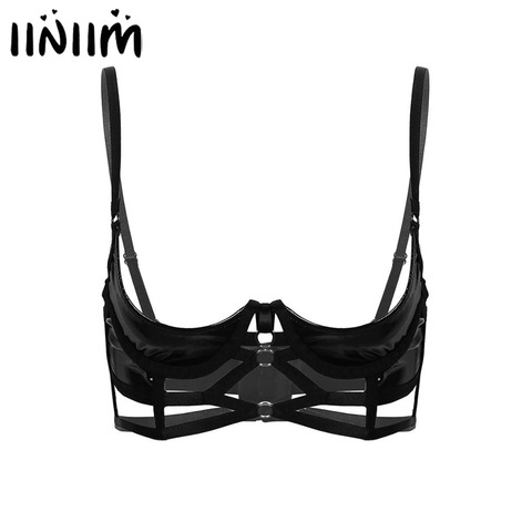 Womens Ladies Wetlook Fetish Costumes Leather Lingerie Exotic Clubwear Quarter Open Cup Hot Strappy Bondage Underwired Bra Tops ► Photo 1/6